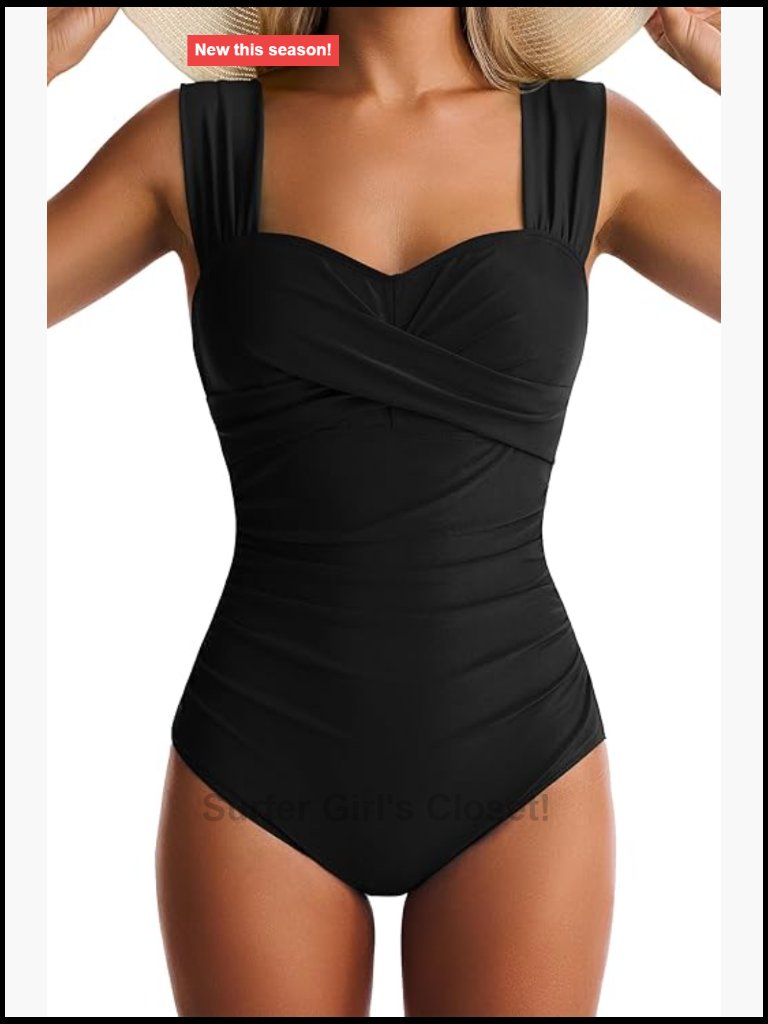 Tummy Control One Piece Swimsuit Full Coverage Wide Straps Square Neck